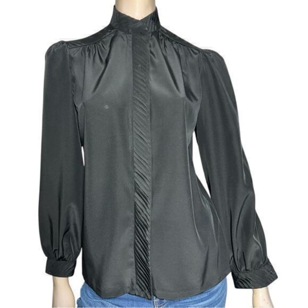 Gailord Vintage Women’s Size 8 Black Poly Satin Covered Button Up Dress Shirt